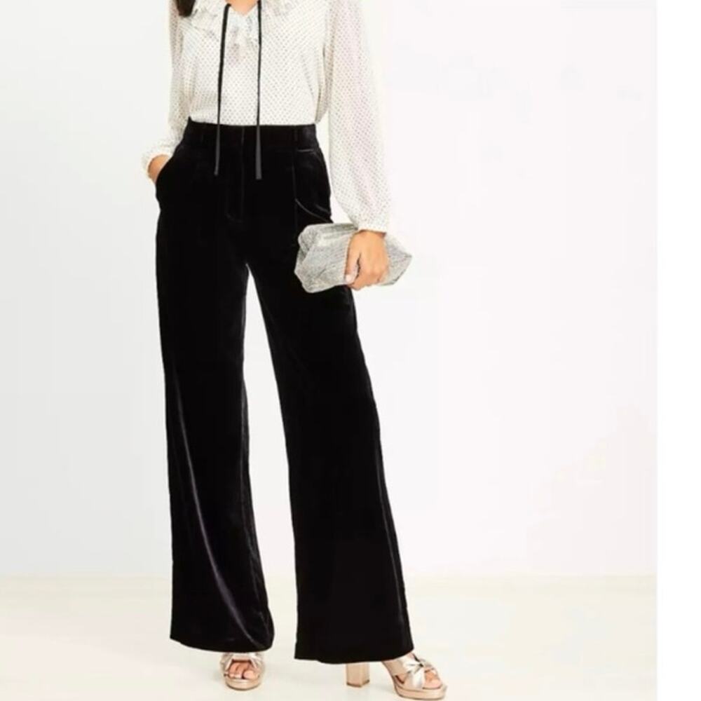 NEW LOFT The Peyton Velvet Trouser SZ 12‎ Wide Leg High Rise Pleated Pants Black